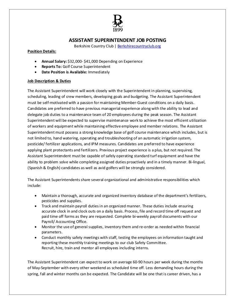 Assistant Superintendent Search For Berkshire Country Club