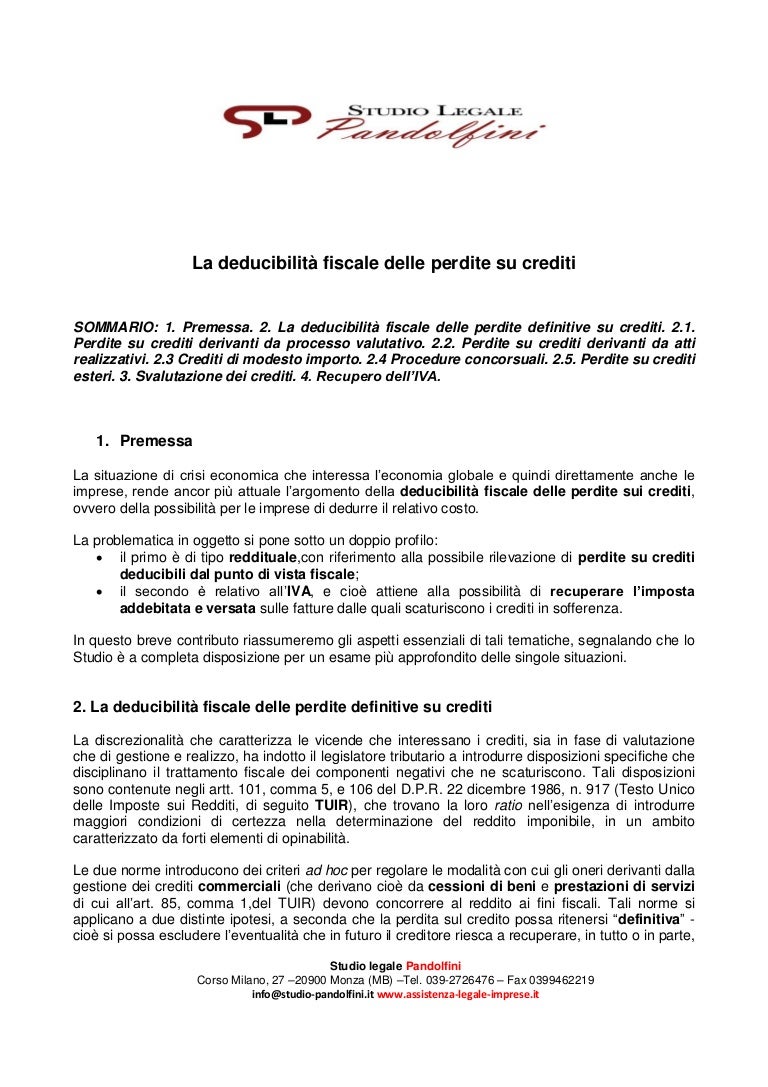 Deducibilità Fiscale Delle Perdite Sui Crediti Studio