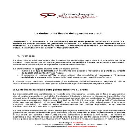 Deducibilità Fiscale delle Perdite sui Crediti - Studio Legale Pandolfini Ass...