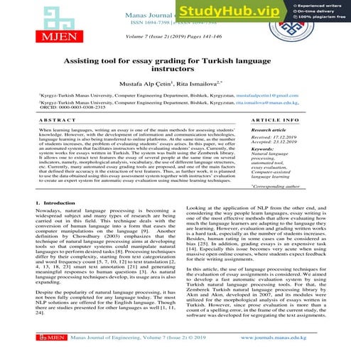 Assisting Tool For Essay Grading For Turkish Language Instructors