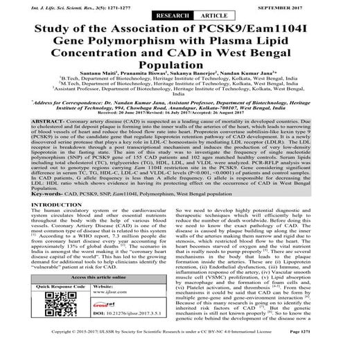 Study of the Association of PCSK9/Eam1104I Gene Polymorphism with Plasma Lipi...