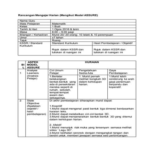 RPH Matematik Tajuk Ruang berasaskan model assure | DOCX