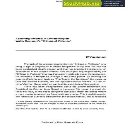 Assuming Violence A Commentary On Walter Benjamin S Critique Of ...