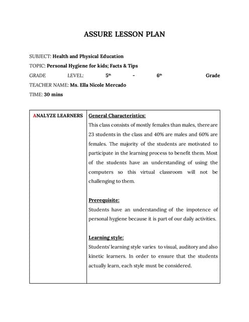 Assure lesson plan for Grade 6