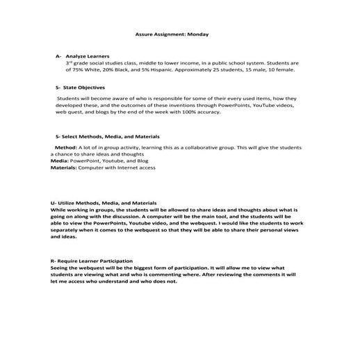 Assure assignment Monday