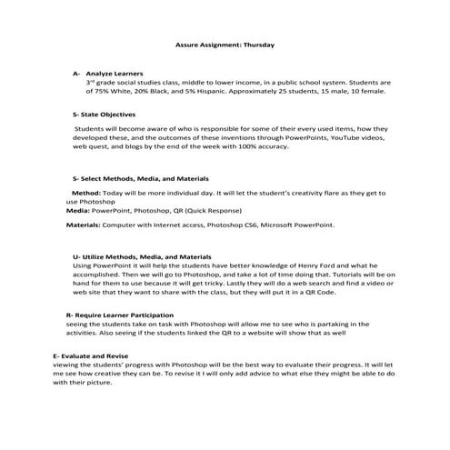 Assure assignment Thursday