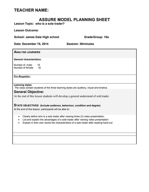 lesson plan for business
