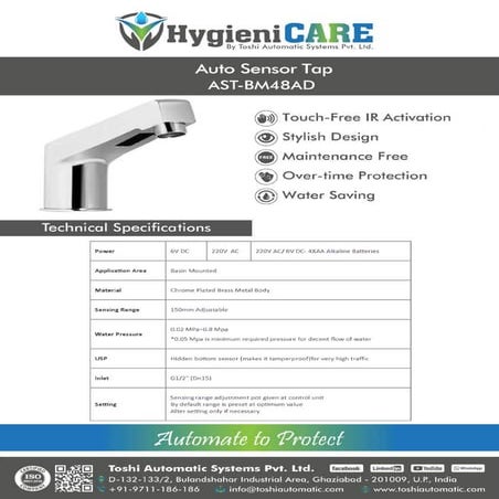 Automatic Sensor Tap(AST-BM48AD) TOSHIAUTOMATIC's HygieniCARE | PDF