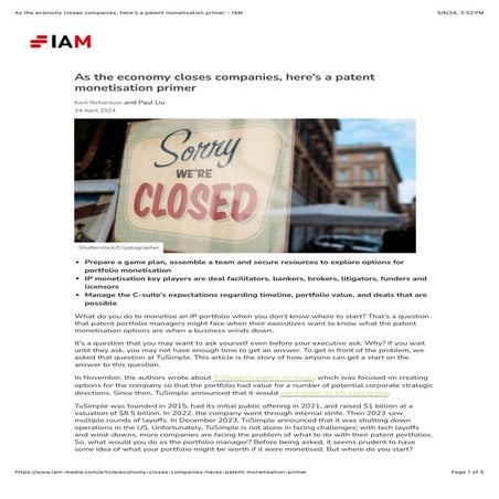 As the Economy Closes Companies, Here’s a Patent Monetisation Primer - IAM Media - 20240424.pdf
