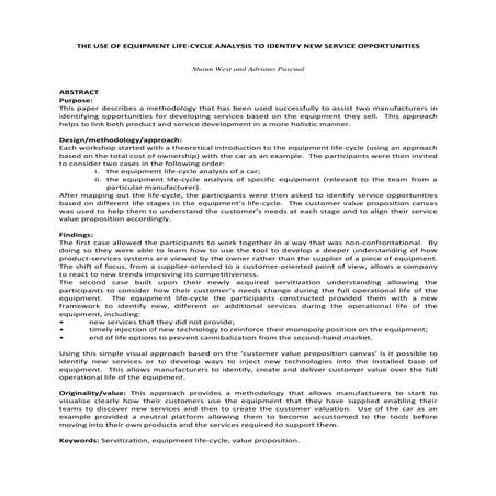 The use of equipment life-cycle analysis to identify new service opportunities