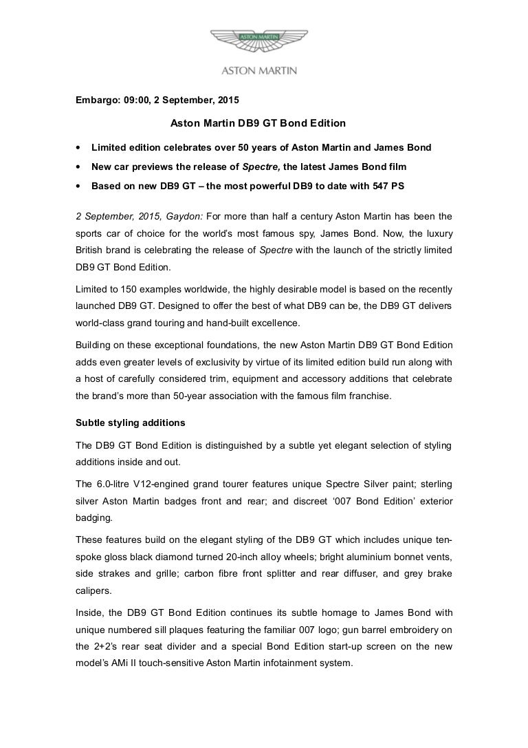 Aston Martin Db9 Gt Bond Edition Press Release