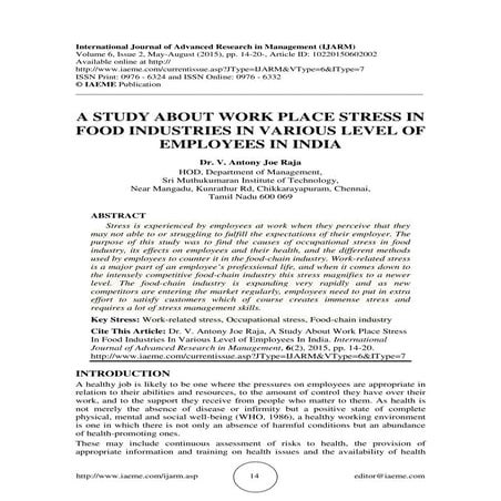 A study about work place stress in food industries in various level of ...