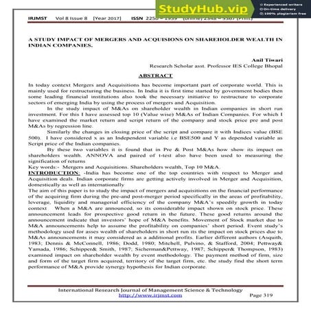 A STUDY IMPACT OF MERGERS AND ACQUISIONS ON SHAREHOLDER WEALTH IN ...