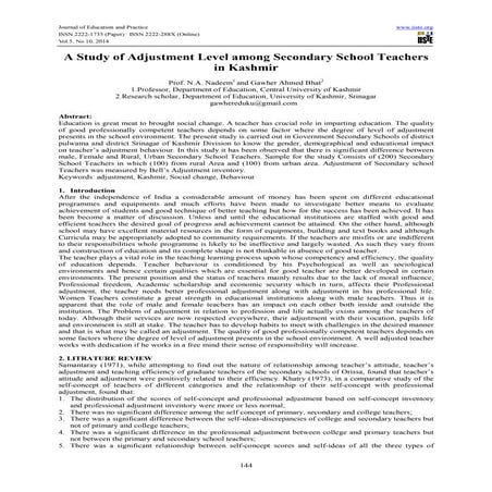 A study of adjustment level among secondary school teachers in kashmir ...