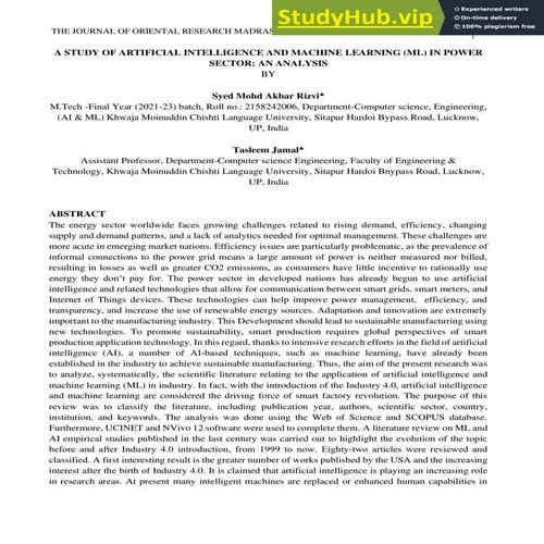 A Study Of Artificial Intelligence And Machine Learning In Power Sector