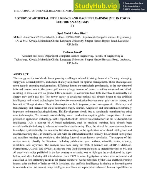 A Study Of Artificial Intelligence And Machine Learning In Power Sector