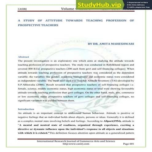 A STUDY OF ATTITUDE TOWARDS TEACHING PROFESSION OF PROSPECTIVE TEACHERS ...