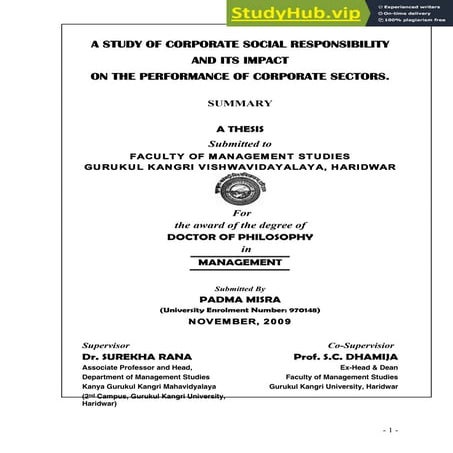 A Study Of Corporate Social Responsibility And Its Impact On Performance Of C...
