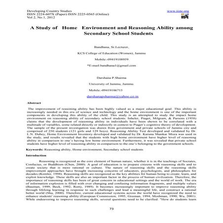 A study of home environment and reasoning ability among secondary ...
