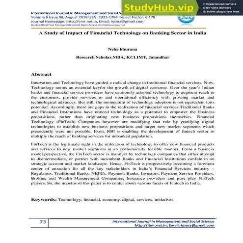 A Study Of Impact Of Financial Technology On Banking Sector In India | PDF