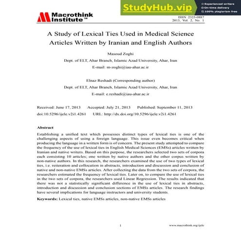 A Study Of Lexical Ties Used In Medical Science Articles Written By Iranian A...