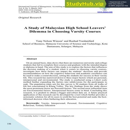 A Study Of Malaysian High School Leavers Dilemma In Choosing Varsity ...