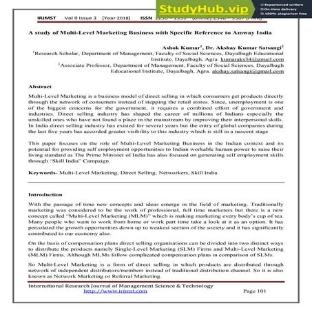 A Study Of Multi-Level Marketing Business With Specific Reference To Amway India