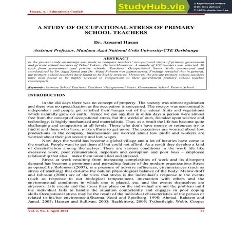 A STUDY OF OCCUPATIONAL STRESS OF PRIMARY SCHOOL TEACHERS | PDF