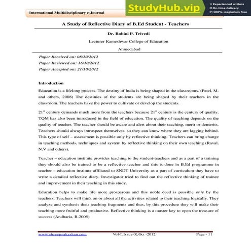 A Study Of Reflective Diary Of B.Ed Student -Teachers | PDF