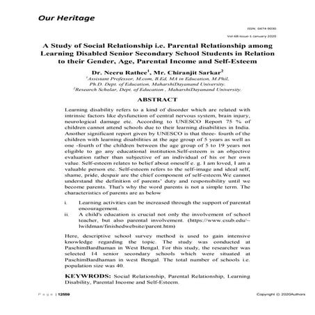 A study of social relationship i.e. parental relationship among learning disabled senior secondary school students in relation to their gender, age, parental income a