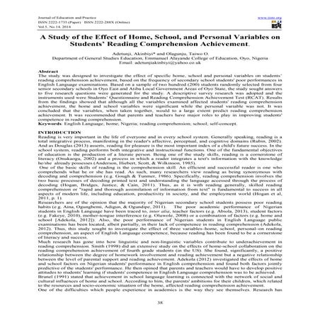 A study of the effect of home, school, and personal variables on students’ re...