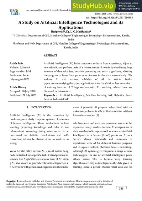 A Study On Artificial Intelligence Technologies And Its Applications