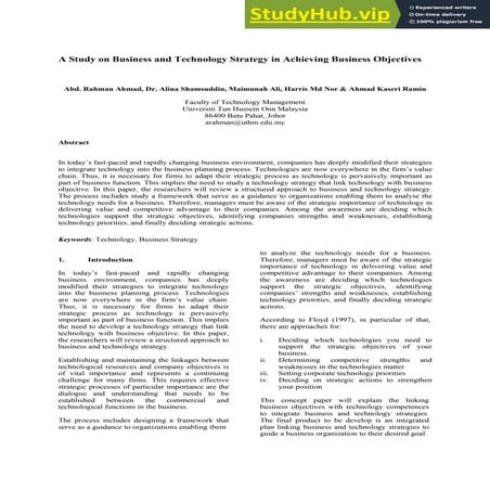 A Study On Business And Technology Strategy In Achieving Business Objectives.