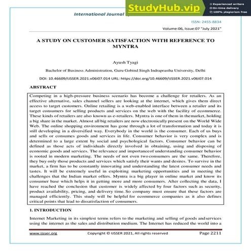 A Study On Customer Satisfaction With Reference To Myntra Nbsp