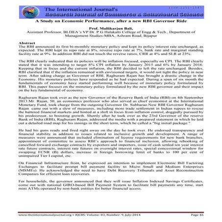 “A study on economic performance, after a new rbi governor ride”   bali   tij's research journal of commerce & behavioural science - rjcbs