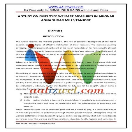 A study on employee welfare measures in arignar anna sugar mills,tanjore