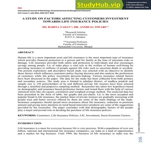 A STUDY ON FACTORS AFFECTING CUSTOMERS INVESTMENT TOWARDS LIFE INSURANCE POLI...