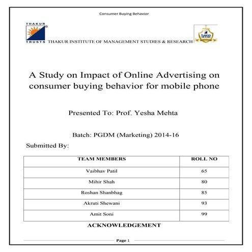 A study on impact of Online Advertising on consumer buying behaviour for mobi...