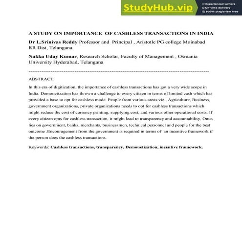 A STUDY ON IMPORTANCE OF CASHLESS TRANSACTIONS IN INDIA