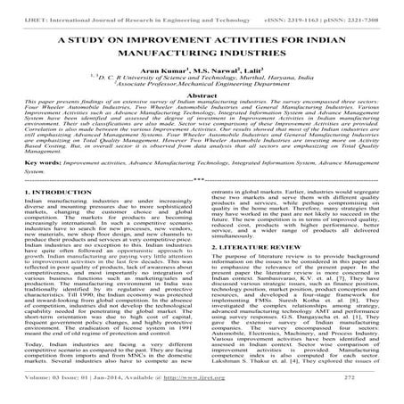 A study on improvement activities for indian manufacturing industries
