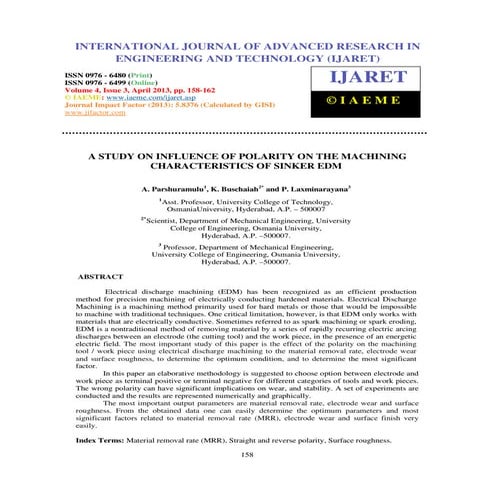 A study on influence of polarity on the machining characteristics of sinker edm