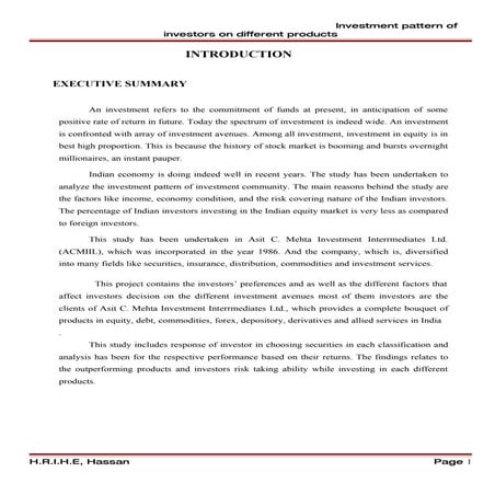 A study on investment pattern of investors on different products conducted at...