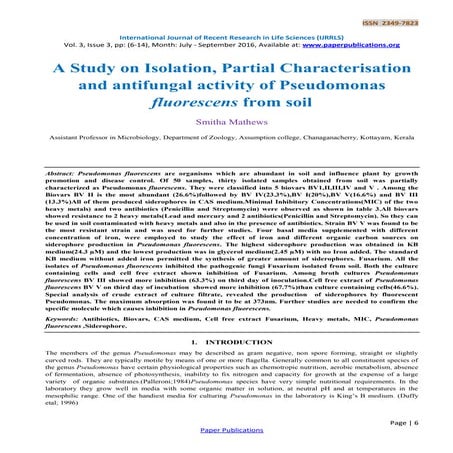 A Study on Isolation, Partial Characterisation and antifungal activity of Pse...