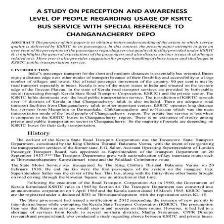 A study on perception and awareness level of people regarding usage of ksrtc bus service with special reference to changanacherry depo