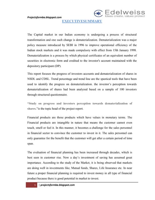 A study on progress and investors perception towerds dematerialization of sha...