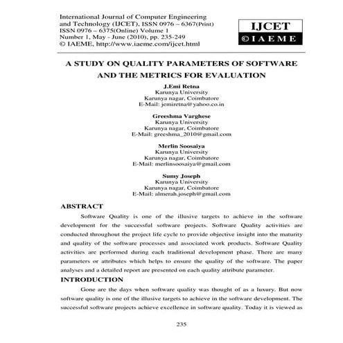 A study on quality parameters of software and the metrics