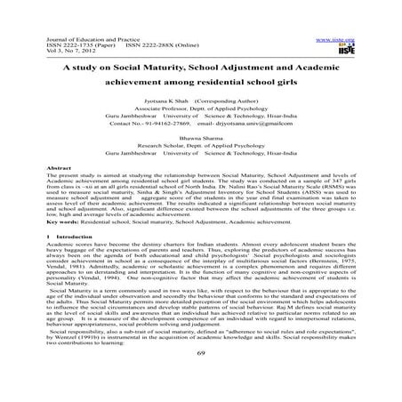 A study on social maturity, school adjustment and academic achievement ...