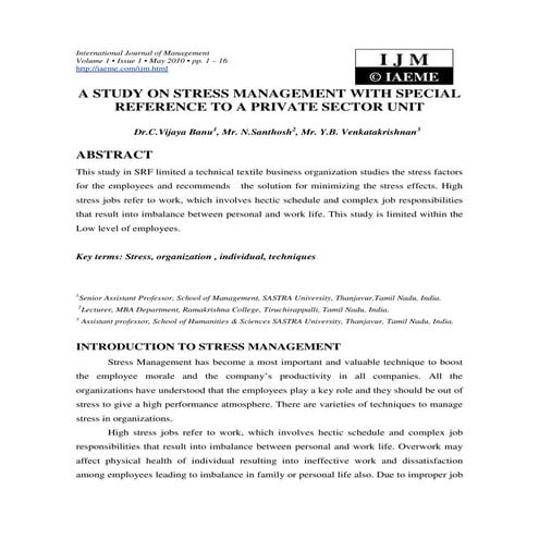A study on stress management with special reference to a private sector ...