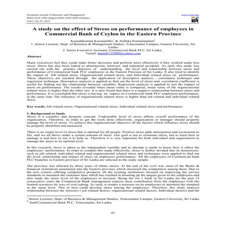 A study on the effect of stress on performance of employees in commercial ban...