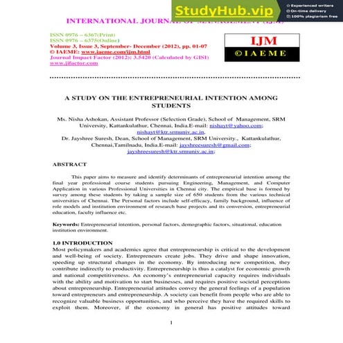 A STUDY ON THE ENTREPRENEURIAL INTENTION AMONG STUDENTS | PDF